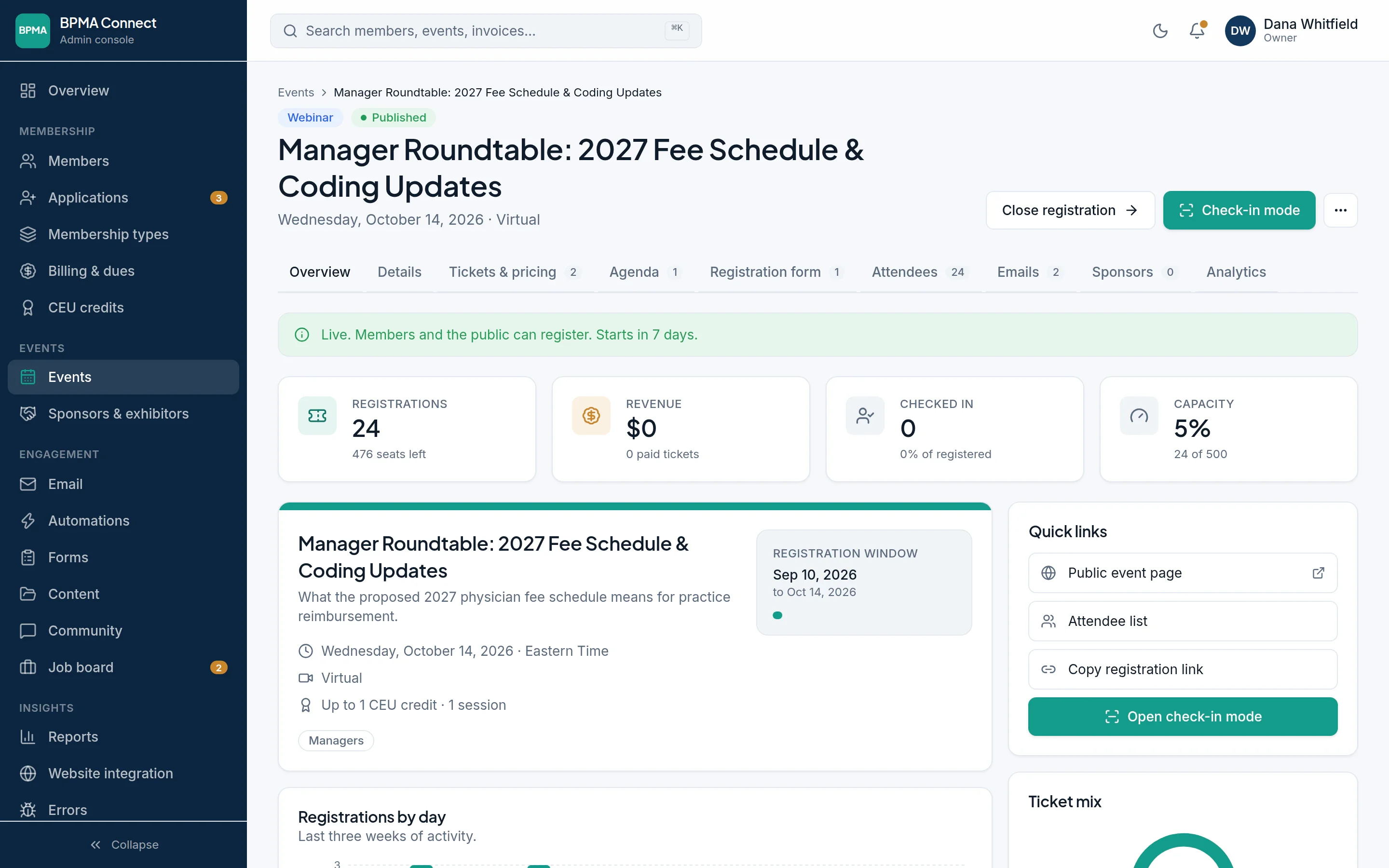 An event page for a webinar: 24 registrations, the registration window, and quick links to the attendee list and check-in mode.