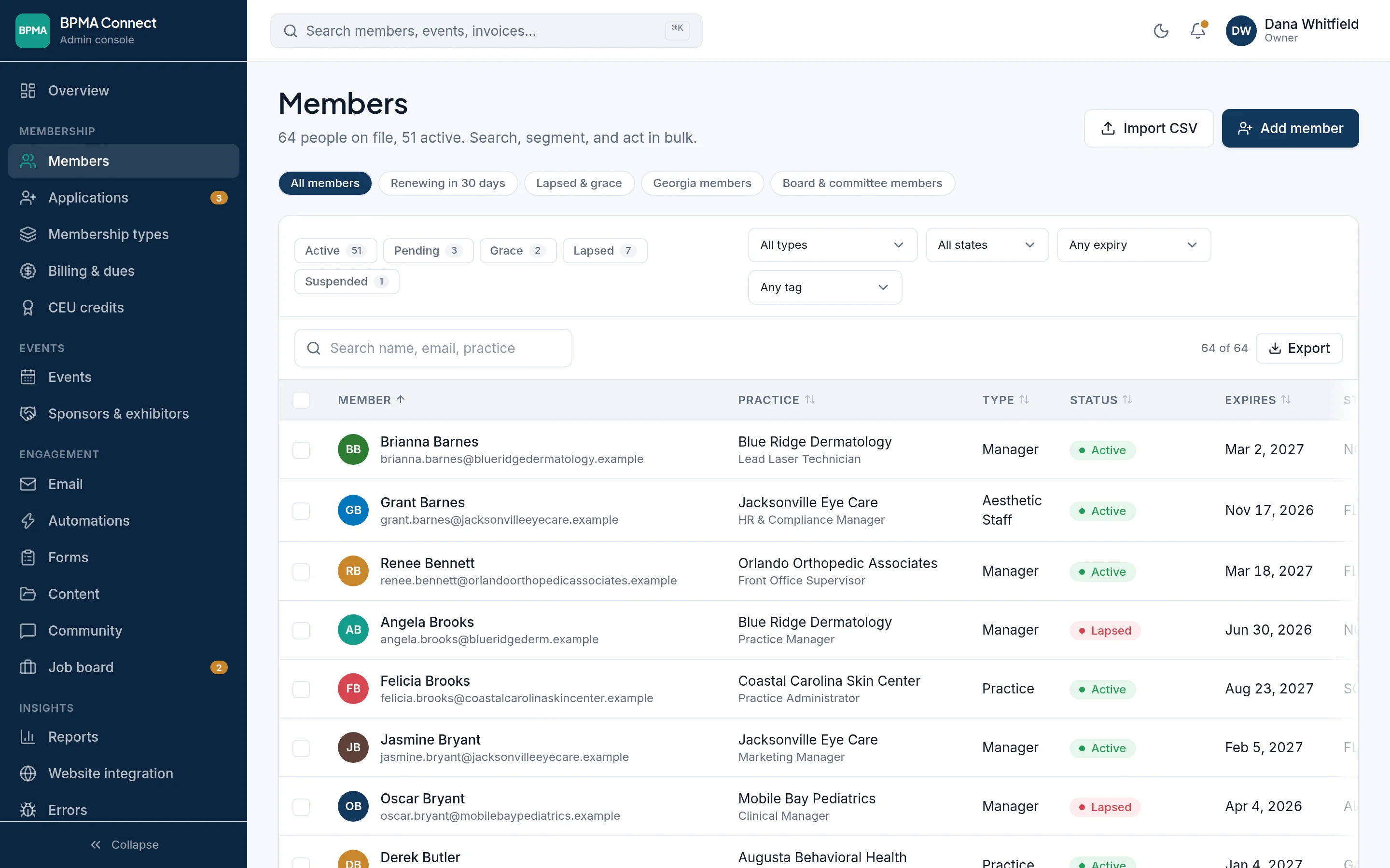 The members list in the admin console, with filters for status, membership type and state, and each member's practice, type, status and expiry date.