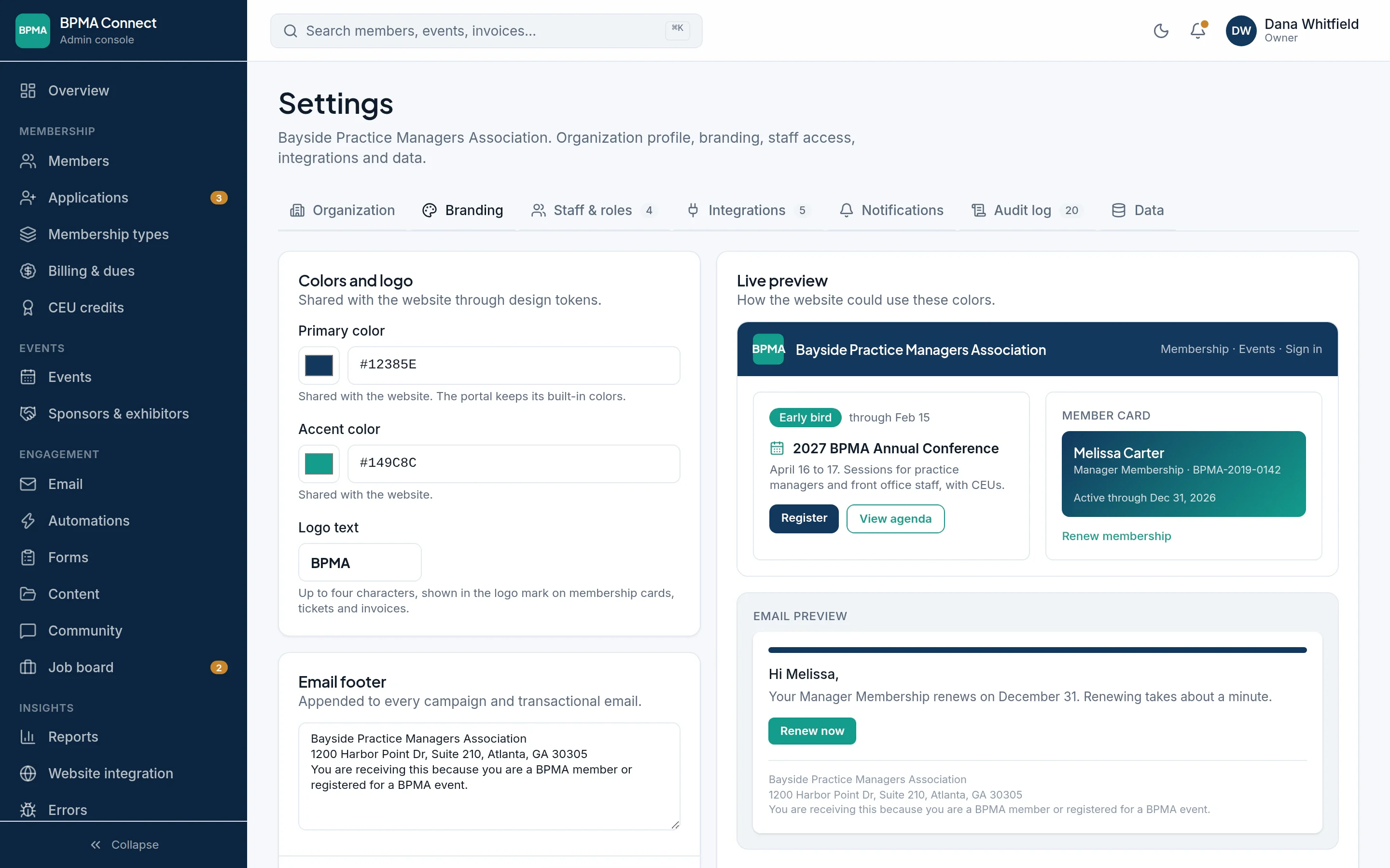 Branding settings: the colors your website widgets use, the badge letters and the email footer, with a live preview of the widgets and an email.