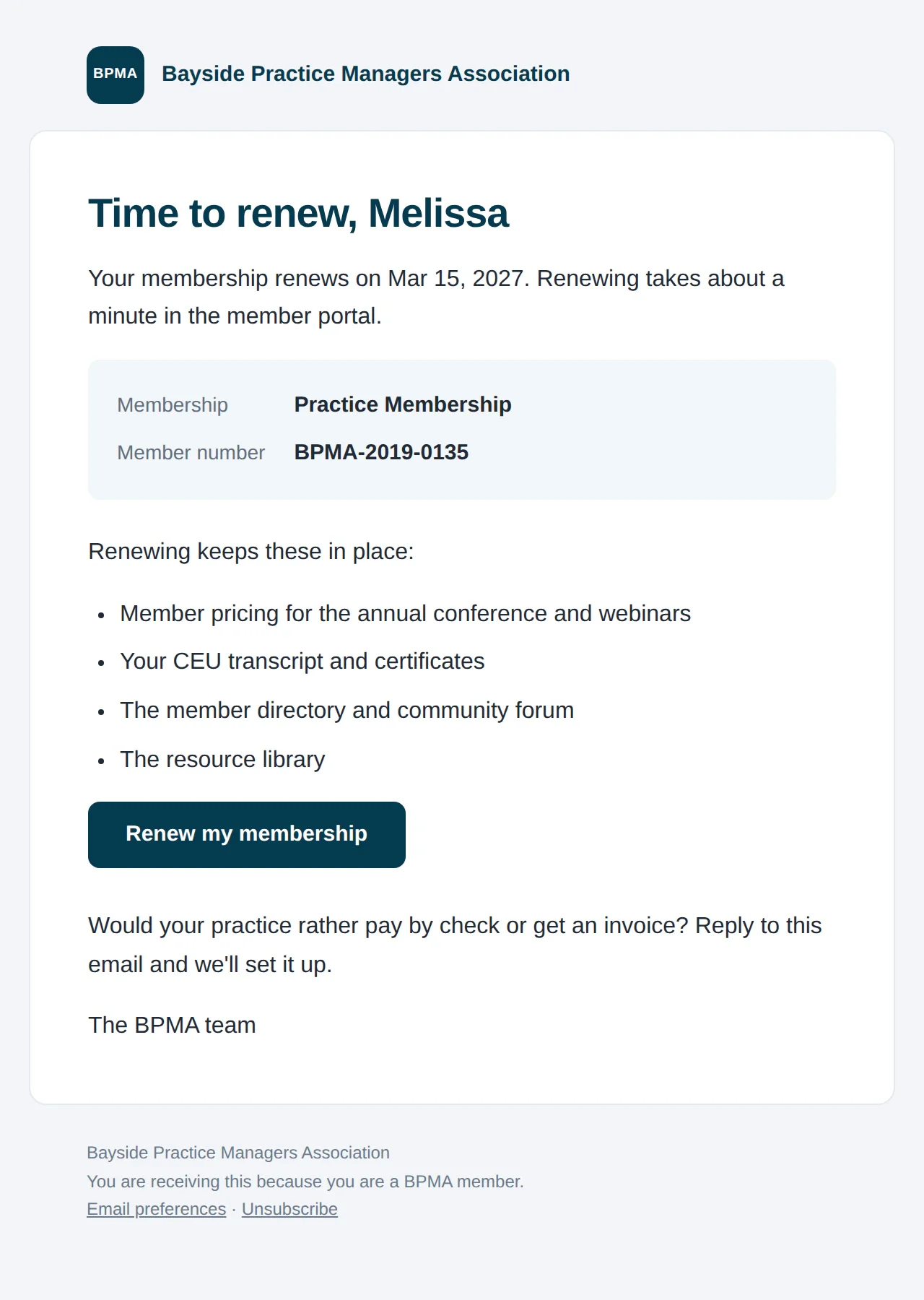 A renewal reminder email from a sample association, addressed to Melissa, with her membership details and a Renew my membership button.