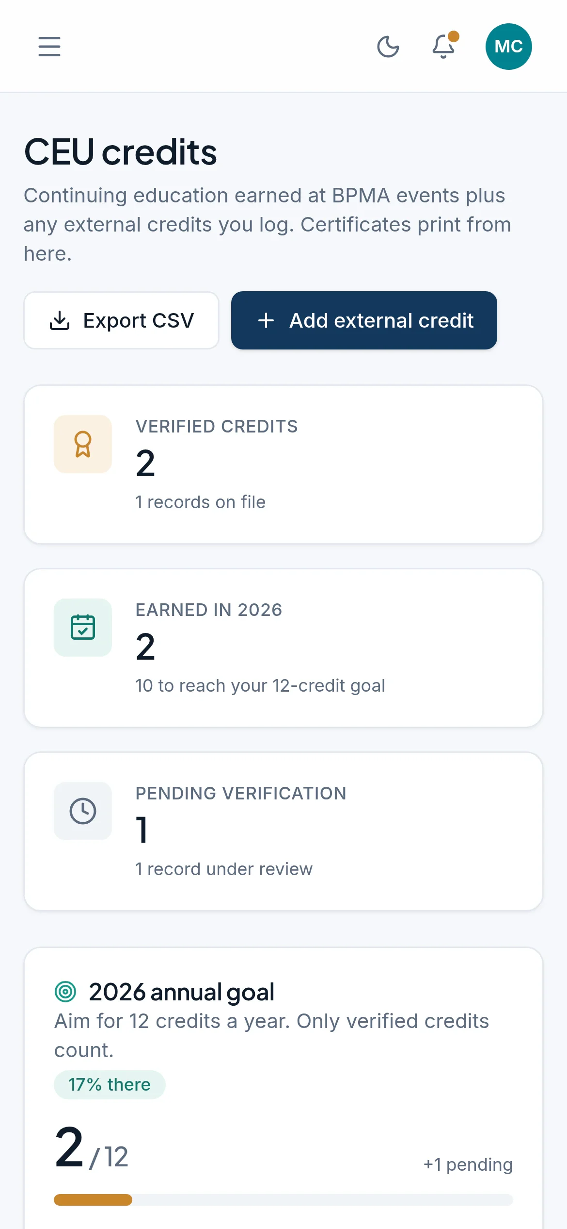 The CE credits page in the portal on a phone: verified credits, credits earned this year and the yearly goal.