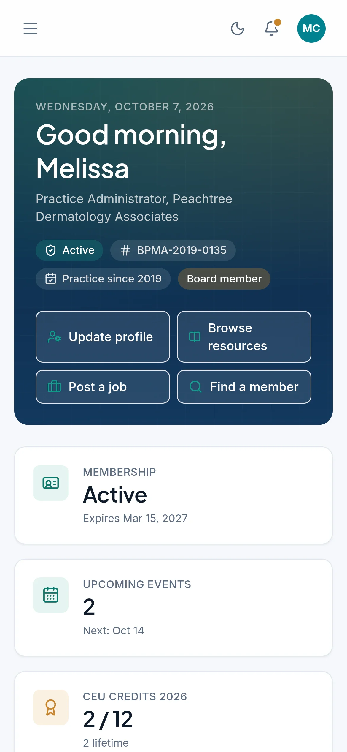 The member portal home screen on a phone, greeting Melissa with her membership status, member number and upcoming events.
