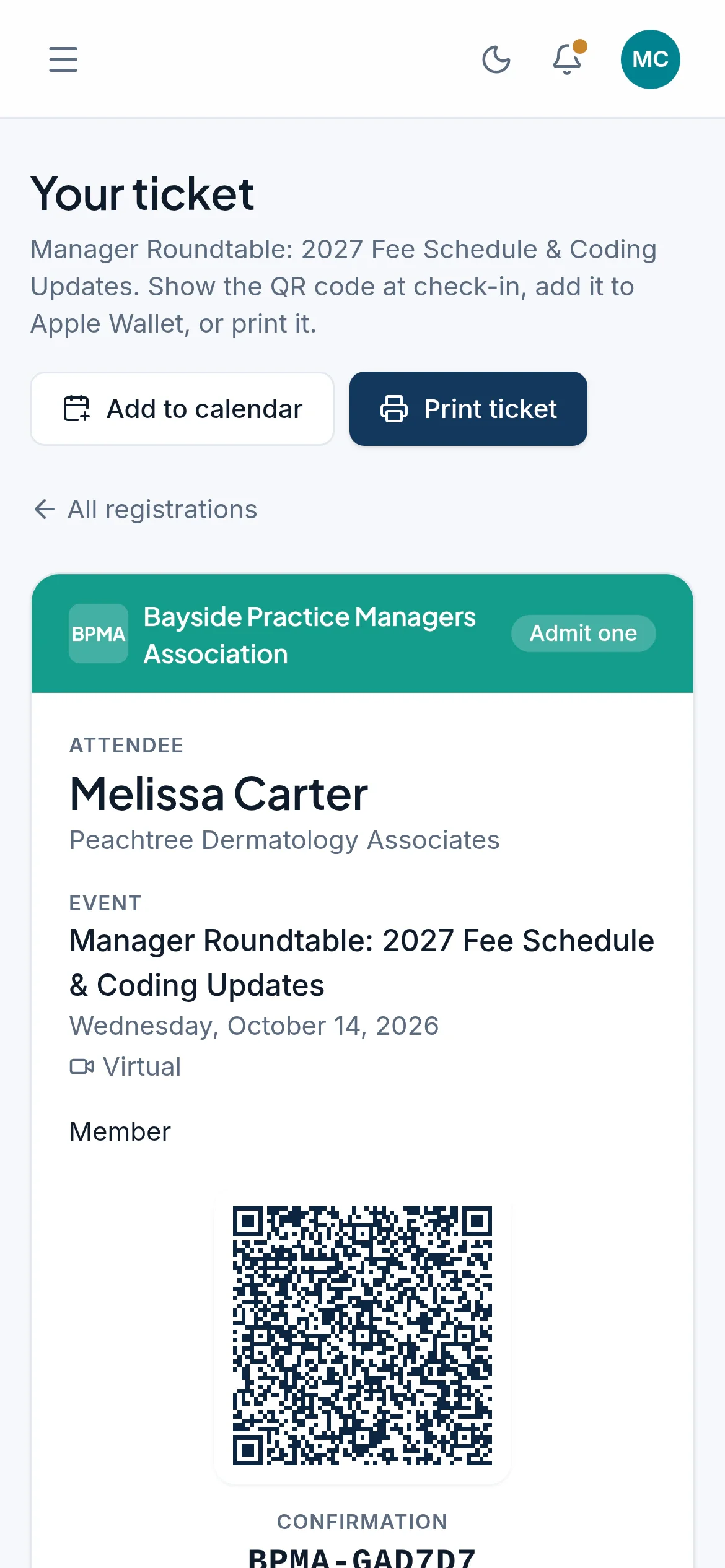 A member's ticket in the portal on a phone: attendee, event, date and a QR code for check-in.